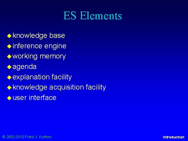 ES Elements ◆ knowledge base ◆ inference engine ◆ working memory ◆ agenda ◆