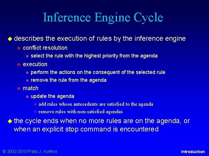 Inference Engine Cycle ◆ describes ❖ conflict resolution ✹ ❖ select the rule with