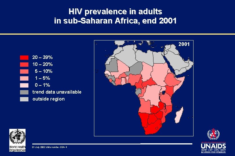 HIV prevalence in adults in sub-Saharan Africa, end 2001 20 – 39% 10 –