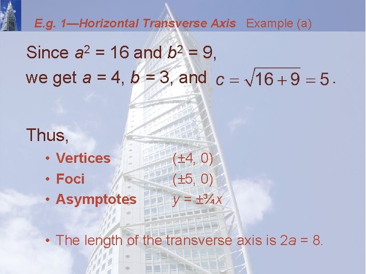 E. g. 1—Horizontal Transverse Axis Example (a) Since a 2 = 16 and b