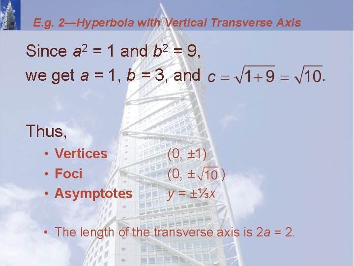 E. g. 2—Hyperbola with Vertical Transverse Axis Since a 2 = 1 and b