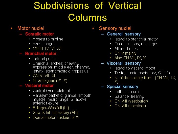 Subdivisions of Vertical Columns • Motor nuclei – Somatic motor • closest to midline