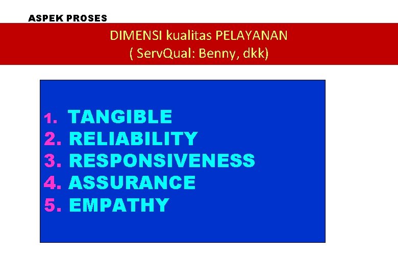 ASPEK PROSES DIMENSI kualitas PELAYANAN ( Serv. Qual: Benny, dkk) TANGIBLE 2. RELIABILITY 3.