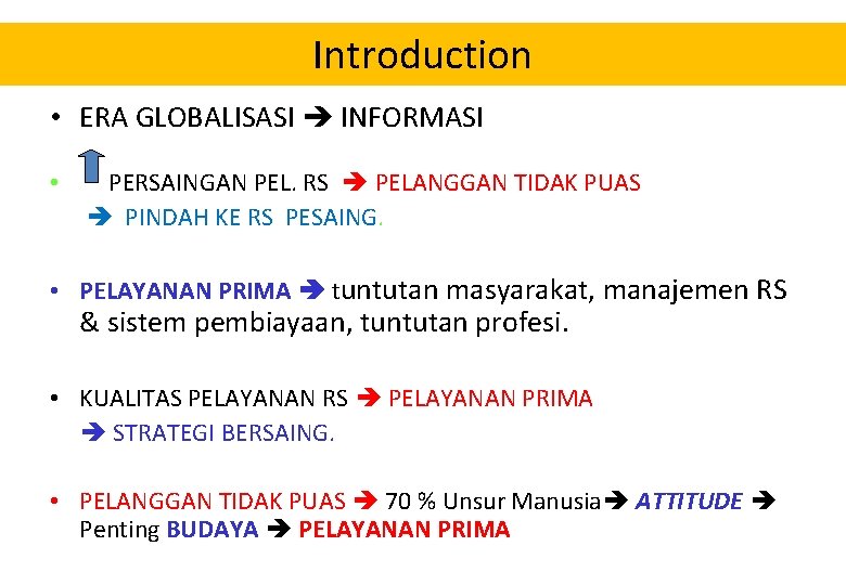 Introduction • ERA GLOBALISASI INFORMASI • PERSAINGAN PEL. RS PELANGGAN TIDAK PUAS PINDAH KE