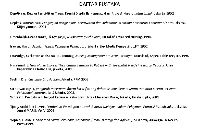 DAFTAR PUSTAKA Depdiknas, Dewan Pendidikan Tinggi, Komisi Displin Ilu Keperawatan, Praktek Keperawatan Ilmiah, Jakarta,