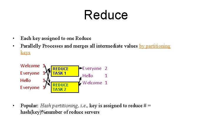 Reduce • • Each key assigned to one Reduce Parallelly Processes and merges all