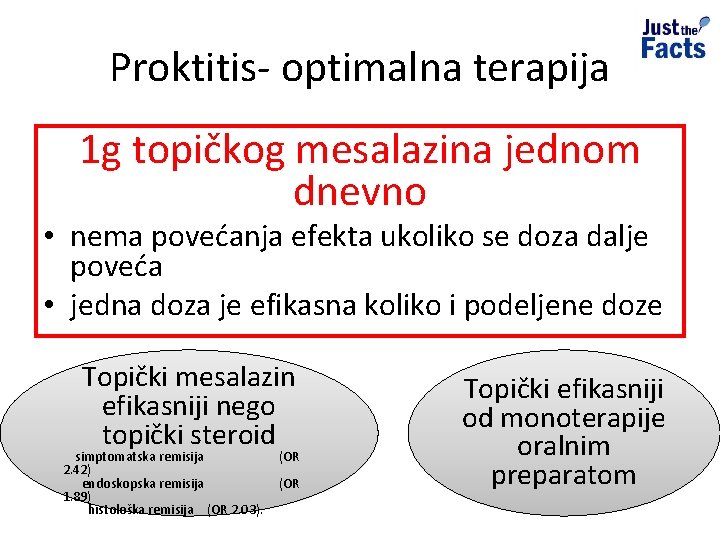 Proktitis- optimalna terapija 1 g topičkog mesalazina jednom dnevno • nema povećanja efekta ukoliko