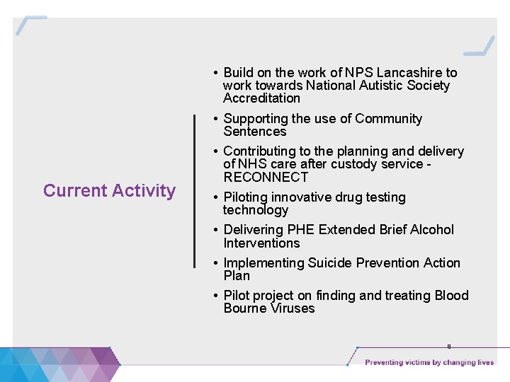 Current Activity • Build on the work of NPS Lancashire to work towards National