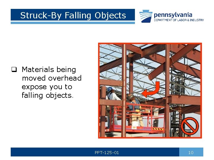 Struck-By Falling Objects q Materials being moved overhead expose you to falling objects. PPT-125