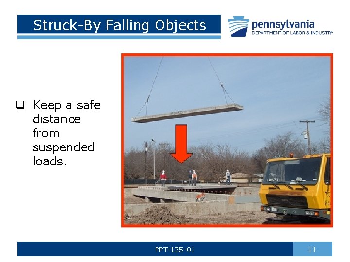 Struck-By Falling Objects q Keep a safe distance from suspended loads. PPT-125 -01 11