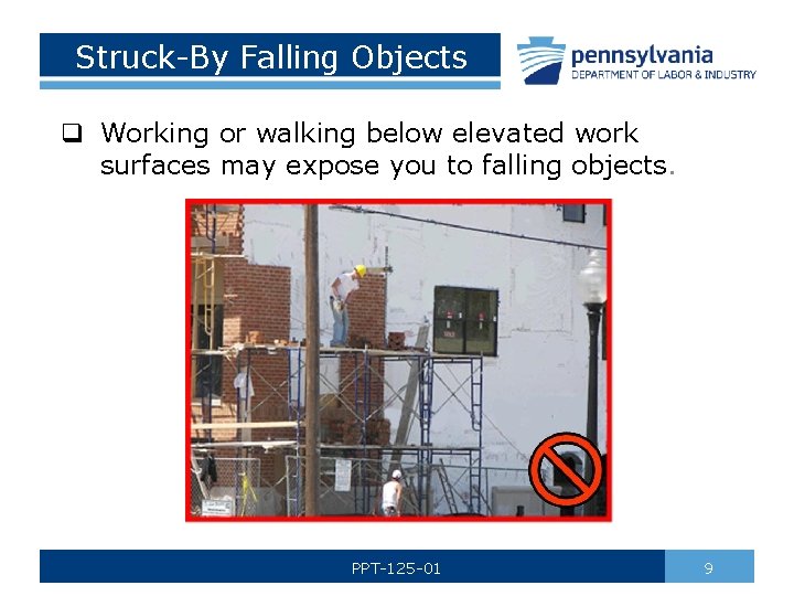 Struck-By Falling Objects q Working or walking below elevated work surfaces may expose you