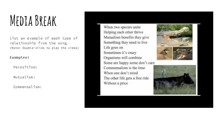 Media Break List an example of each type of relationship from the song. (Note: