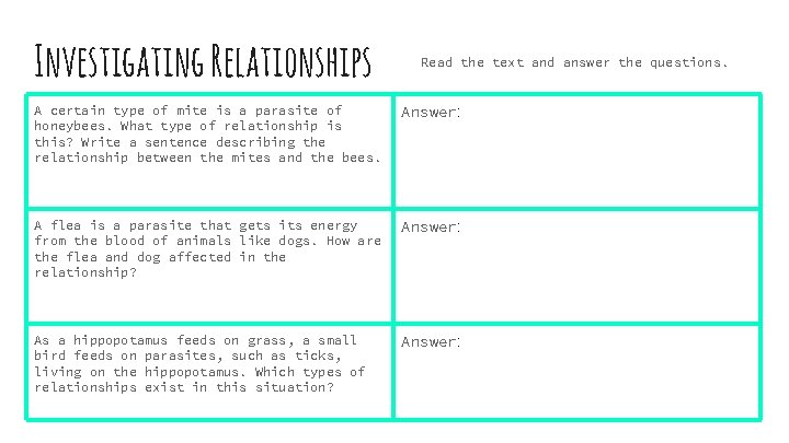 Investigating Relationships Read the text and answer the questions. A certain type of mite