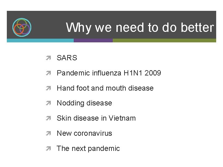 Why we need to do better SARS Pandemic influenza H 1 N 1 2009