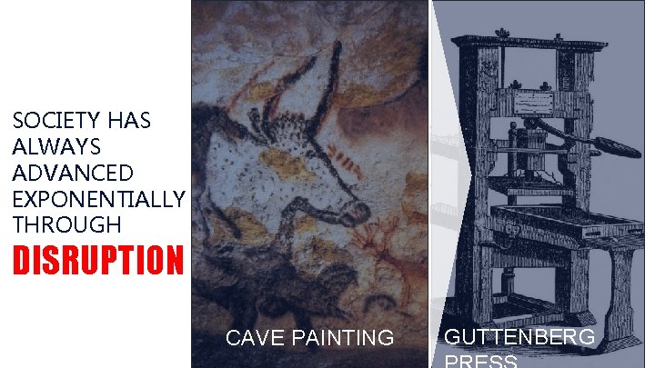 SOCIETY HAS ALWAYS ADVANCED EXPONENTIALLY THROUGH DISRUPTION CAVE PAINTING GUTTENBERG 