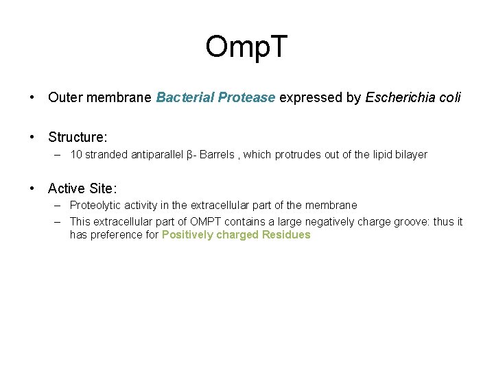 Omp. T • Outer membrane Bacterial Protease expressed by Escherichia coli • Structure: –
