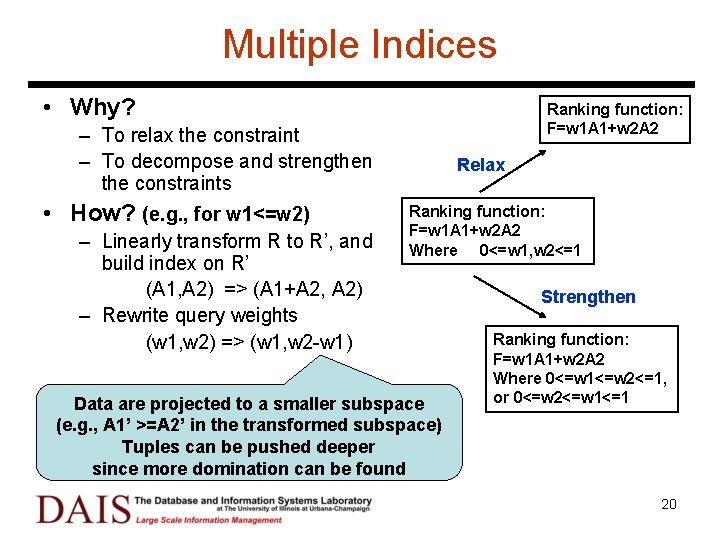 Multiple Indices • Why? Ranking function: F=w 1 A 1+w 2 A 2 –