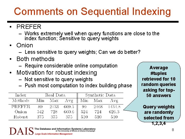Comments on Sequential Indexing • PREFER – Works extremely well when query functions are