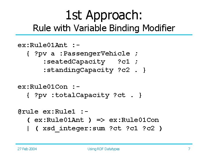 1 st Approach: Rule with Variable Binding Modifier ex: Rule 01 Ant : {