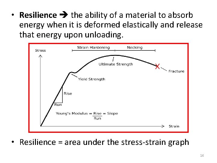  • Resilience the ability of a material to absorb energy when it is