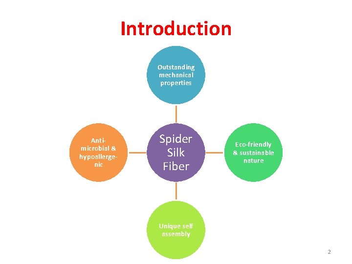 Introduction Outstanding mechanical properties Antimicrobial & hypoallergenic Spider Silk Fiber Eco-friendly & sustainable nature