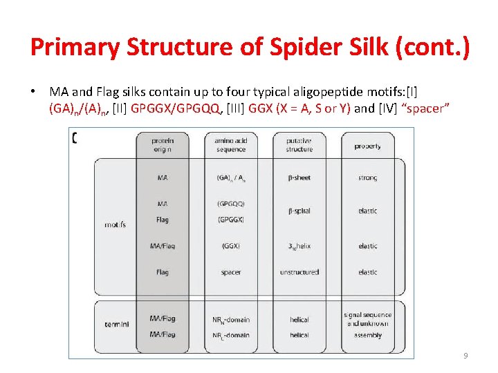 Primary Structure of Spider Silk (cont. ) • MA and Flag silks contain up
