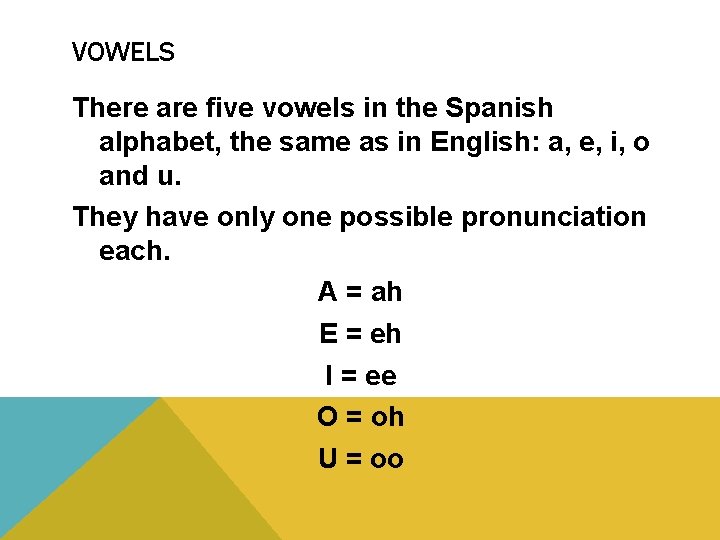 VOWELS There are five vowels in the Spanish alphabet, the same as in English: