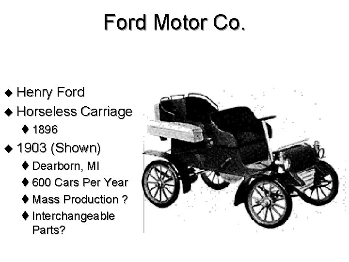 Ford Motor Co. u Henry Ford u Horseless Carriage t 1896 u 1903 (Shown)