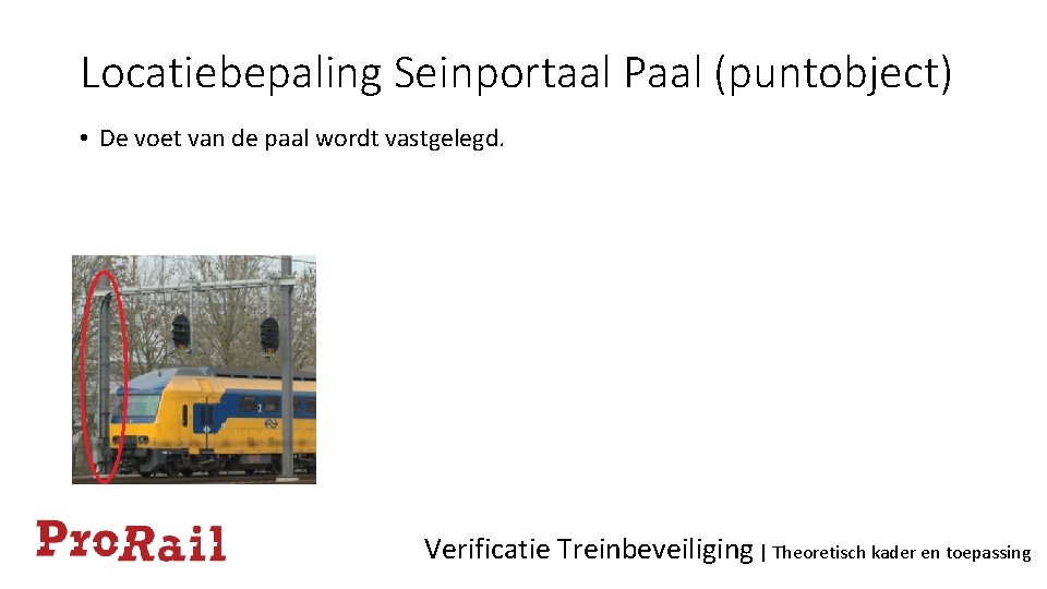 Locatiebepaling Seinportaal Paal (puntobject) • De voet van de paal wordt vastgelegd. Verificatie Treinbeveiliging