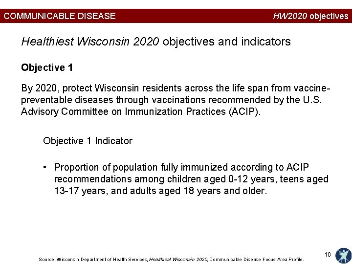 COMMUNICABLE DISEASE HW 2020 objectives Healthiest Wisconsin 2020 objectives and indicators Objective 1 By