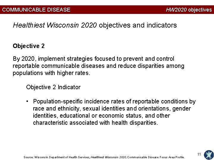COMMUNICABLE DISEASE HW 2020 objectives Healthiest Wisconsin 2020 objectives and indicators Objective 2 By