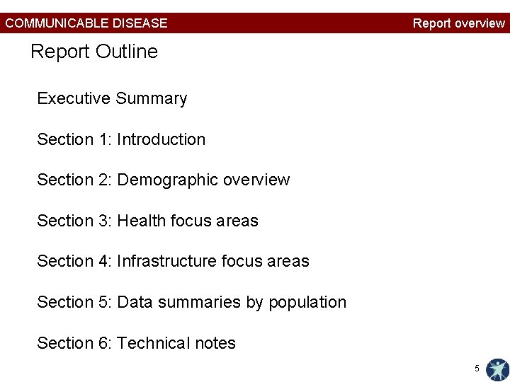 COMMUNICABLE DISEASE Report overview Report Outline Executive Summary Section 1: Introduction Section 2: Demographic