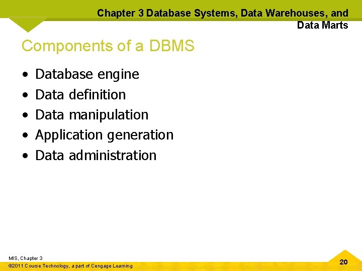 Chapter 3 Database Systems, Data Warehouses, and Data Marts Components of a DBMS •