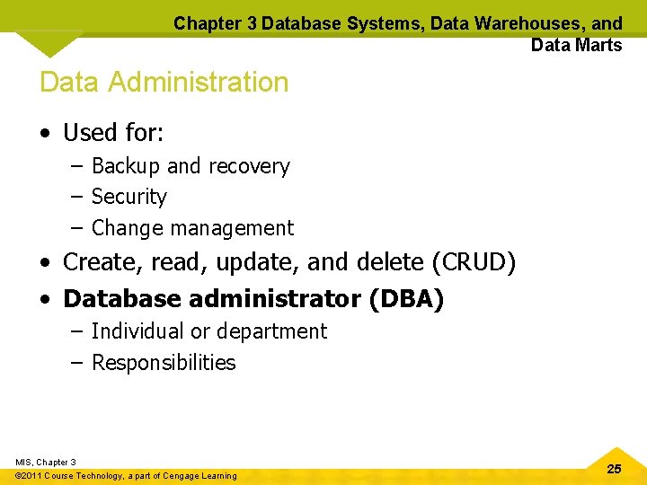 Chapter 3 Database Systems, Data Warehouses, and Data Marts Data Administration • Used for: