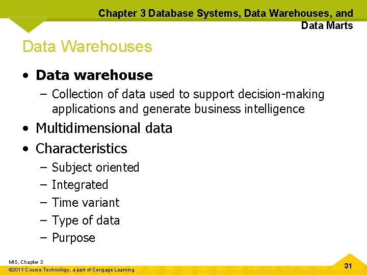 Chapter 3 Database Systems, Data Warehouses, and Data Marts Data Warehouses • Data warehouse