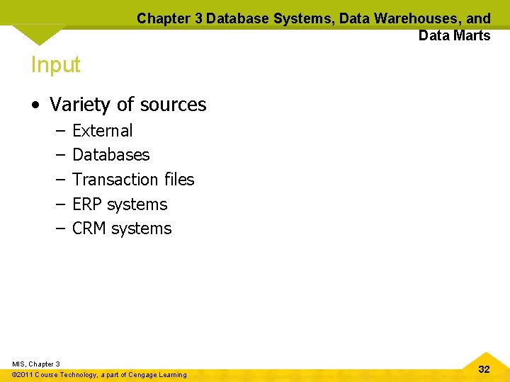 Chapter 3 Database Systems, Data Warehouses, and Data Marts Input • Variety of sources