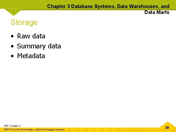 Chapter 3 Database Systems, Data Warehouses, and Data Marts Storage • Raw data •