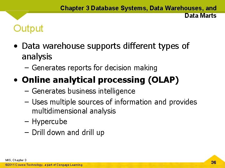 Chapter 3 Database Systems, Data Warehouses, and Data Marts Output • Data warehouse supports