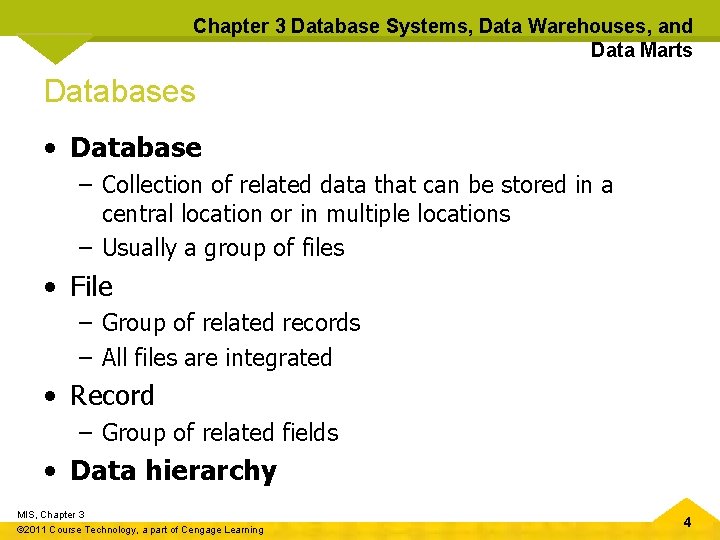 Chapter 3 Database Systems, Data Warehouses, and Data Marts Databases • Database – Collection