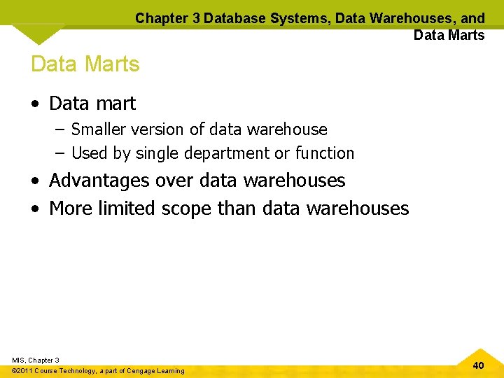 Chapter 3 Database Systems, Data Warehouses, and Data Marts • Data mart – Smaller