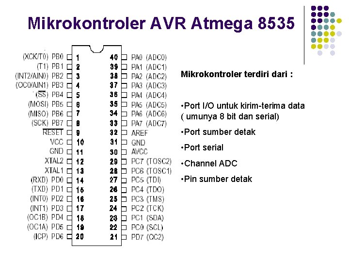 Mikrokontroler AVR Atmega 8535 Mikrokontroler terdiri dari : • Port I/O untuk kirim-terima data