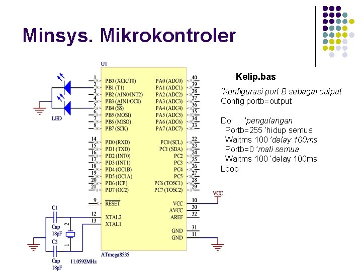 Minsys. Mikrokontroler Kelip. bas ‘Konfigurasi port B sebagai output Config portb=output Do ’pengulangan Portb=255