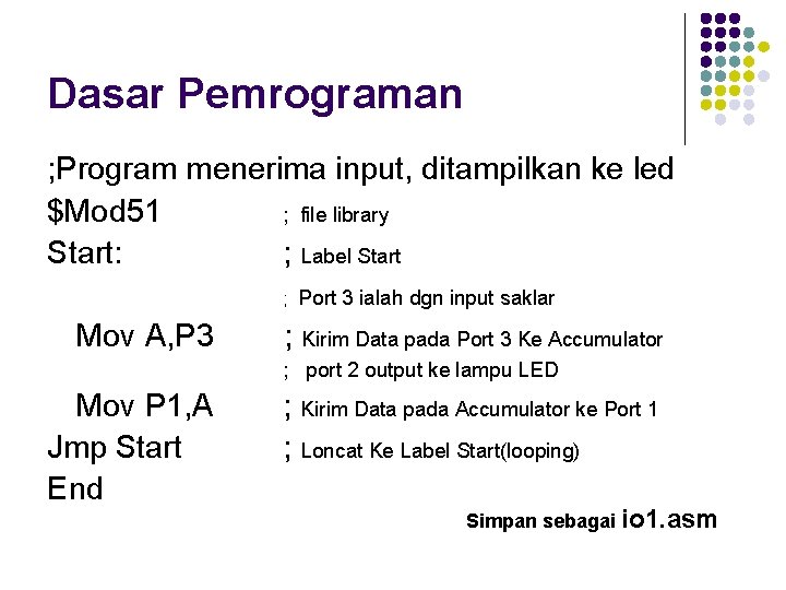Dasar Pemrograman ; Program menerima input, ditampilkan ke led $Mod 51 ; file library
