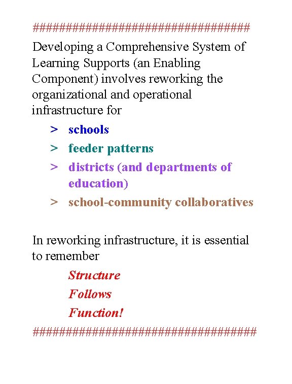 ################# Developing a Comprehensive System of Learning Supports (an Enabling Component) involves reworking the