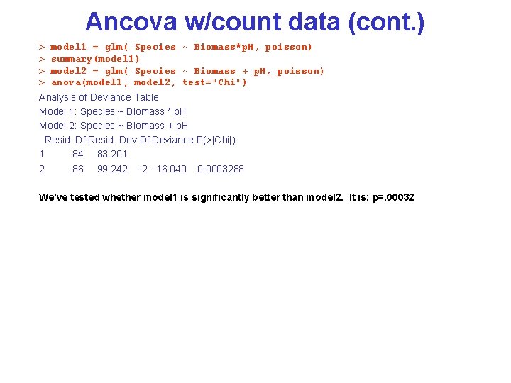 Ancova w/count data (cont. ) > > model 1 = glm( Species ~ Biomass*p.