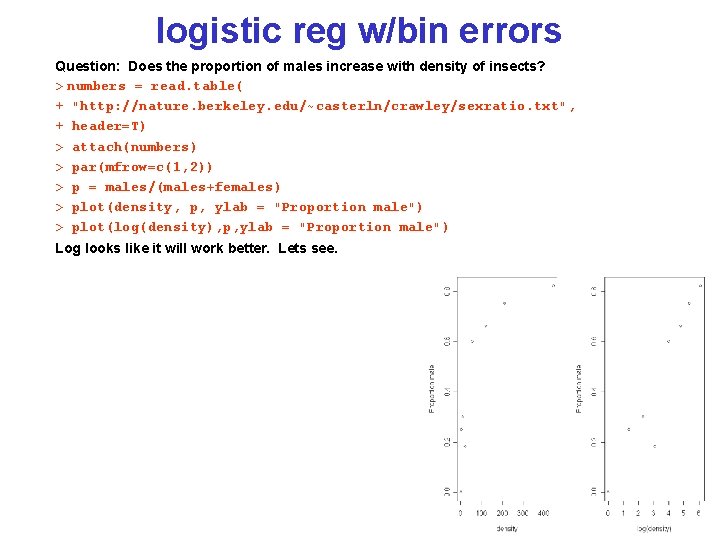 logistic reg w/bin errors Question: Does the proportion of males increase with density of