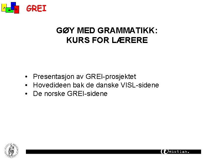 GØY MED GRAMMATIKK: KURS FOR LÆRERE • Presentasjon av GREI-prosjektet • Hovedideen bak de