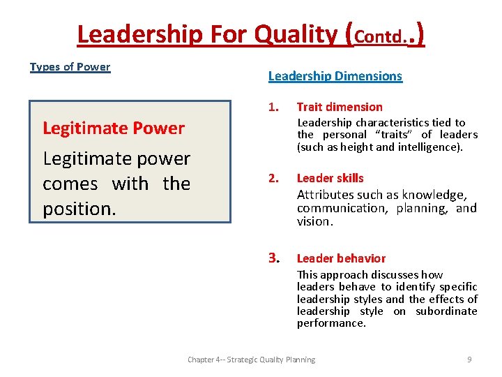 Leadership For Quality (Contd. . ) Types of Power Leadership Dimensions 1. Trait dimension