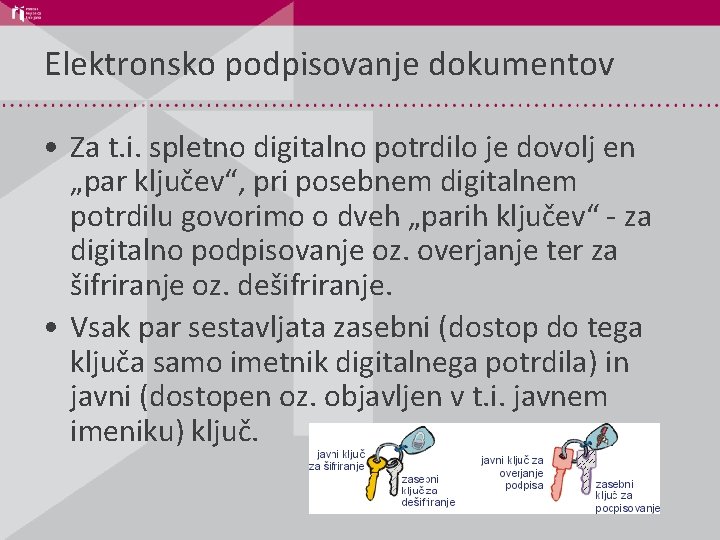 Elektronsko podpisovanje dokumentov • Za t. i. spletno digitalno potrdilo je dovolj en „par