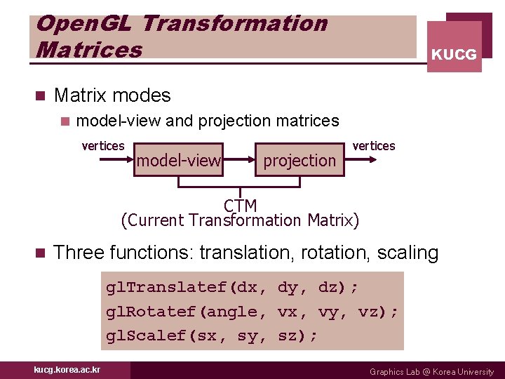 Open. GL Transformation Matrices n KUCG Matrix modes n model-view and projection matrices vertices